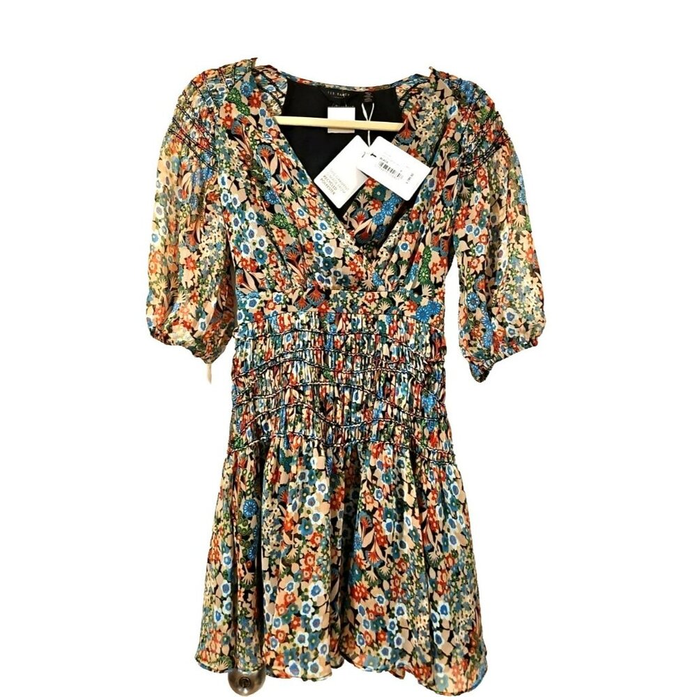 BNWT Ted Baker Dress Floral Sz0 Multicolor Ruched Waist Babydoll Flirty Boho